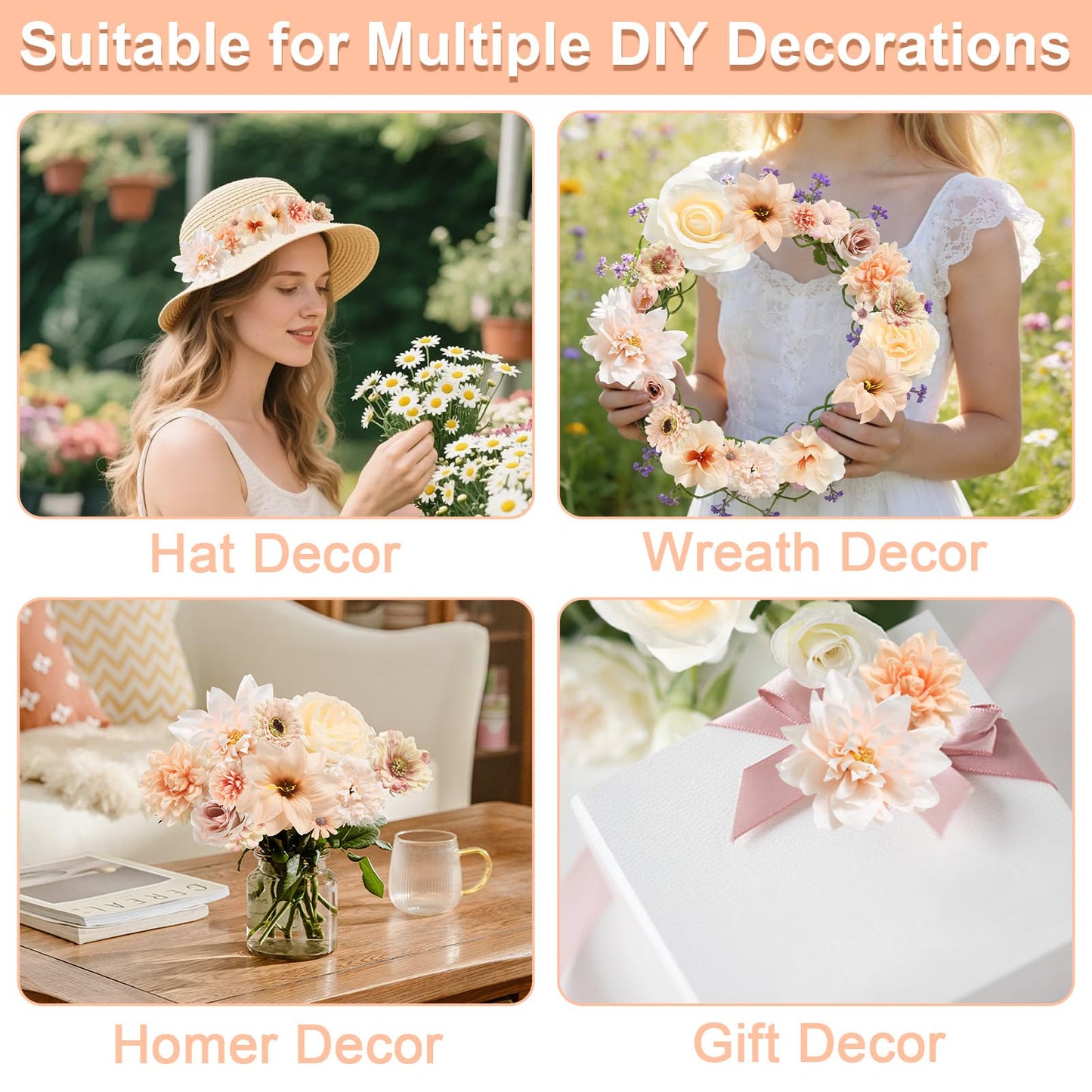 RUIDKUN Fake Flowers Heads Bulk Champagne Mini Artificial Silk Flower for Crafts, Small Artificial Daisy Roses Faux Flowers for Graduation Cap DIY Cake Wedding Party Home Garland Decoration