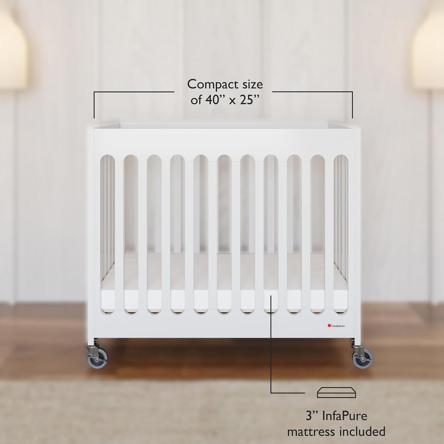 Foundations Boutique Folding Hotel Crib and Sheet Bundle - Includes Wooden Mini Crib with 3" Foam Mattress (White) and 6-Pack White Fitted Compact Sheets