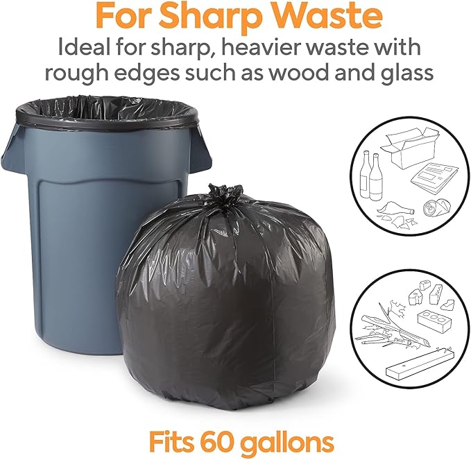 55-60 Gallon Industrial Trash Bag, 38" x 58", Low Density, 0.95 mil, Black, 100 Bags/Box (CW18188)