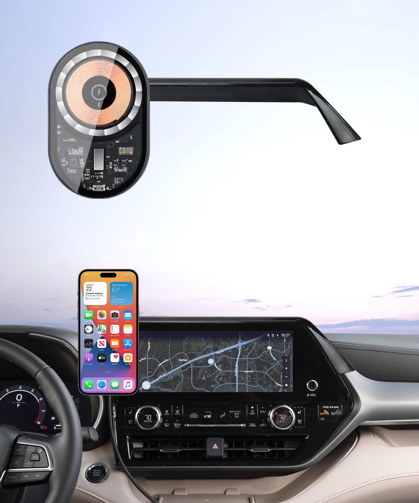 Masergogo Wireless Charging Car Phone Holder For Toyota Highlander/Hybrid 2020-2025 Accessories 12.3 Inch Screen Fixed Clip,360