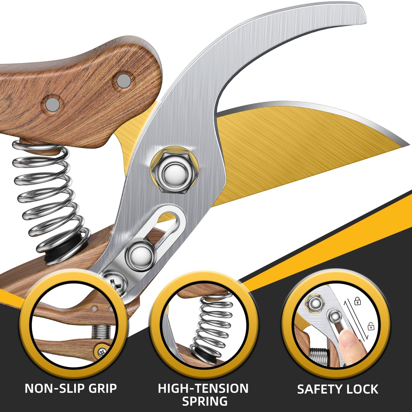 DECERK® 8.5" Premium Bypass Pruning Shears – Wood Grain Finish with Gold Titanium Blade, Japanese SK5 Steel, Balanced Ergonomic Handle for Precise Garden Trimming, Timeless Gardening Companion