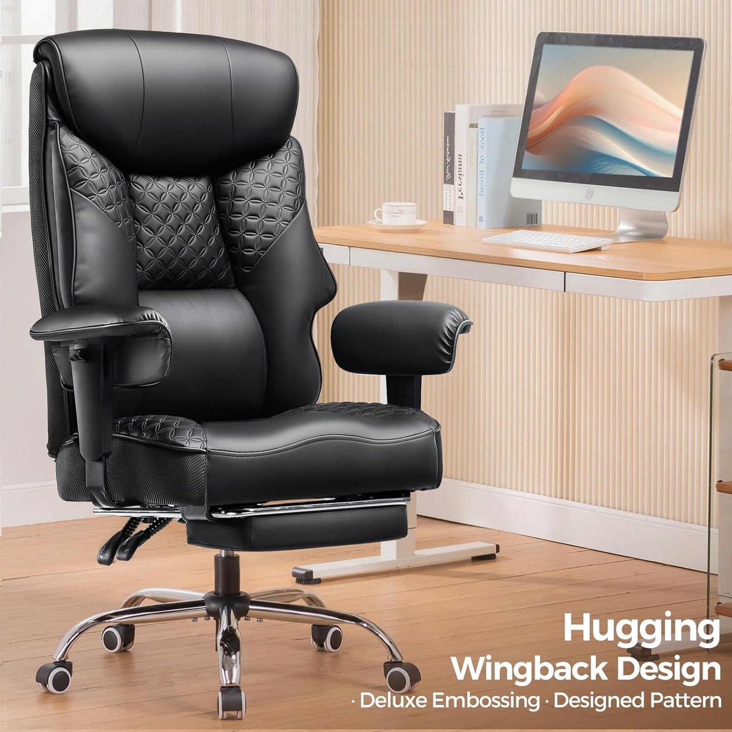 GTRACING Big and Tall Office Chair 400LBS Wide Ergonomic Gaming Chair with Deluxe Embossing Designed Leather with Foot Rest,150°Reclining Adjustable Soft Armrests Pocket Spring Back Support and Pillow