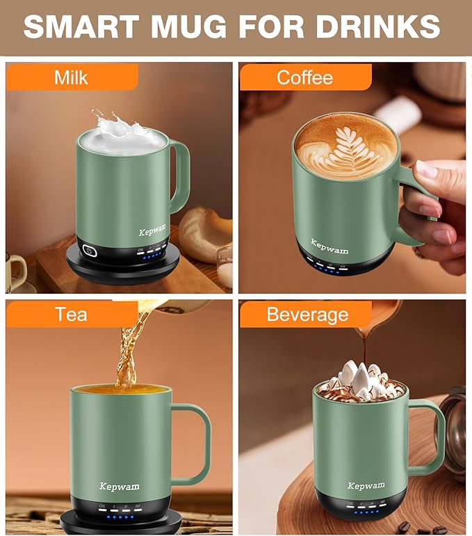 Kepwam Heated Coffee Mug T1-14oz Fast Heating & Longer Battery Life Self Heating Coffee Mug Hot to 149℉ - Touch & App Controlled Mug Coffee and Hot Beverage Warmer, Gifts for Women and Men