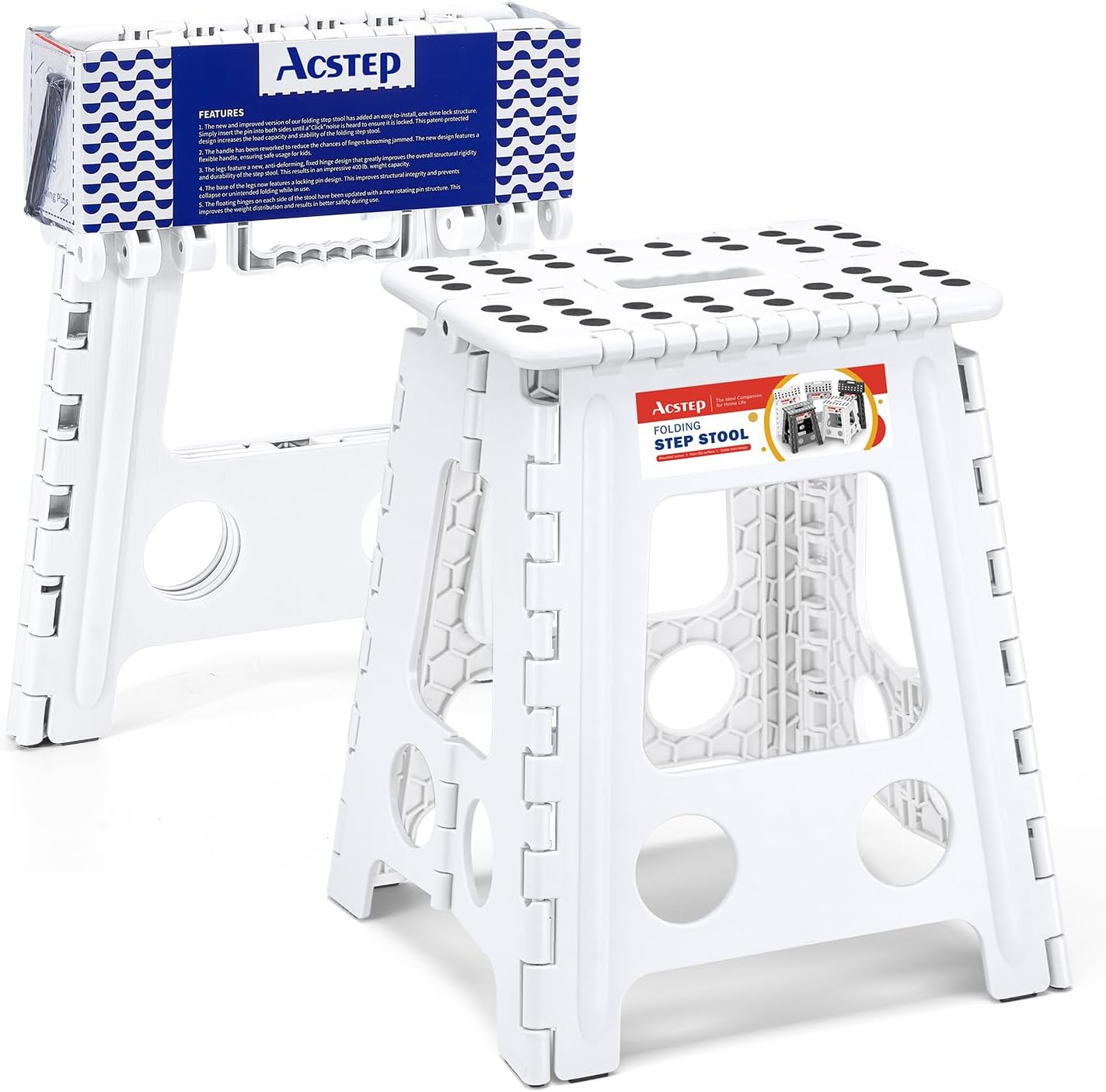 ACSTEP Folding Step Stool 16 Inch Heavy Duty Step Stool Foldable for Adults and Kids, Collapsible Stepping Stool with Handle, Non Slip Folding Stools for Kitchen Hold Up to 400lbs (White 1PC)