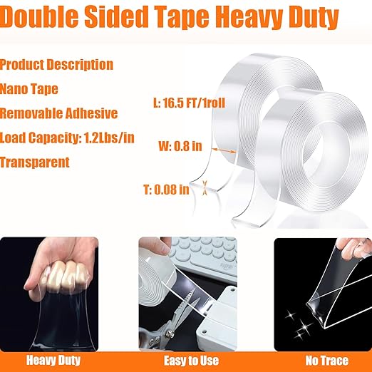 Double Sided Tape Heavy Duty (2 Rolls Total 33 ft), Strong Clear Sticky Tack Mounting Tape, Removable Nano Adhesive Tape for Wall, Home, Office, Picture Hanging, Poster, Rug Fixing Strips