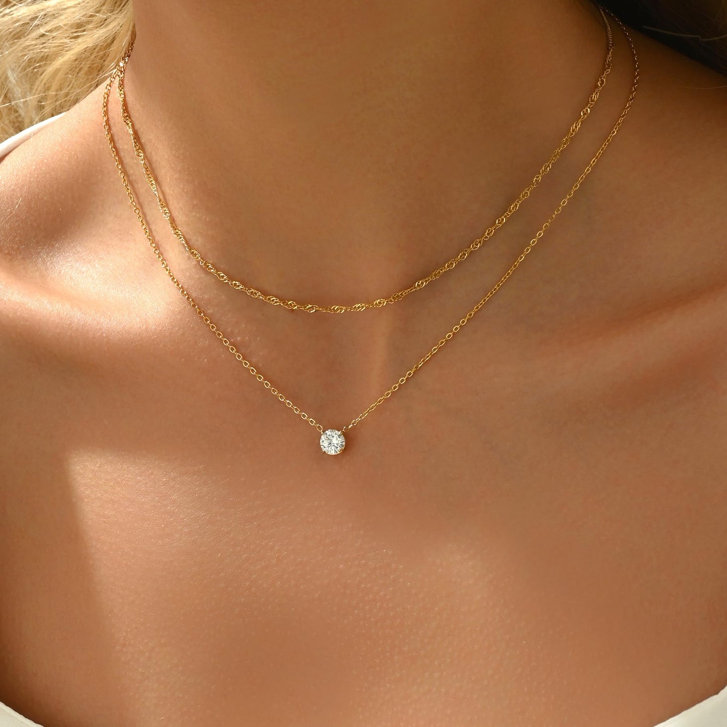 NONAMOIS 18K Gold Plated Twisted Singapore Chain Choker Necklace for Women Dainty Gold Layering Solitaire Cubic Zirconia Pendant Necklace Set Stainless Steel Non Tarnish Jewelry