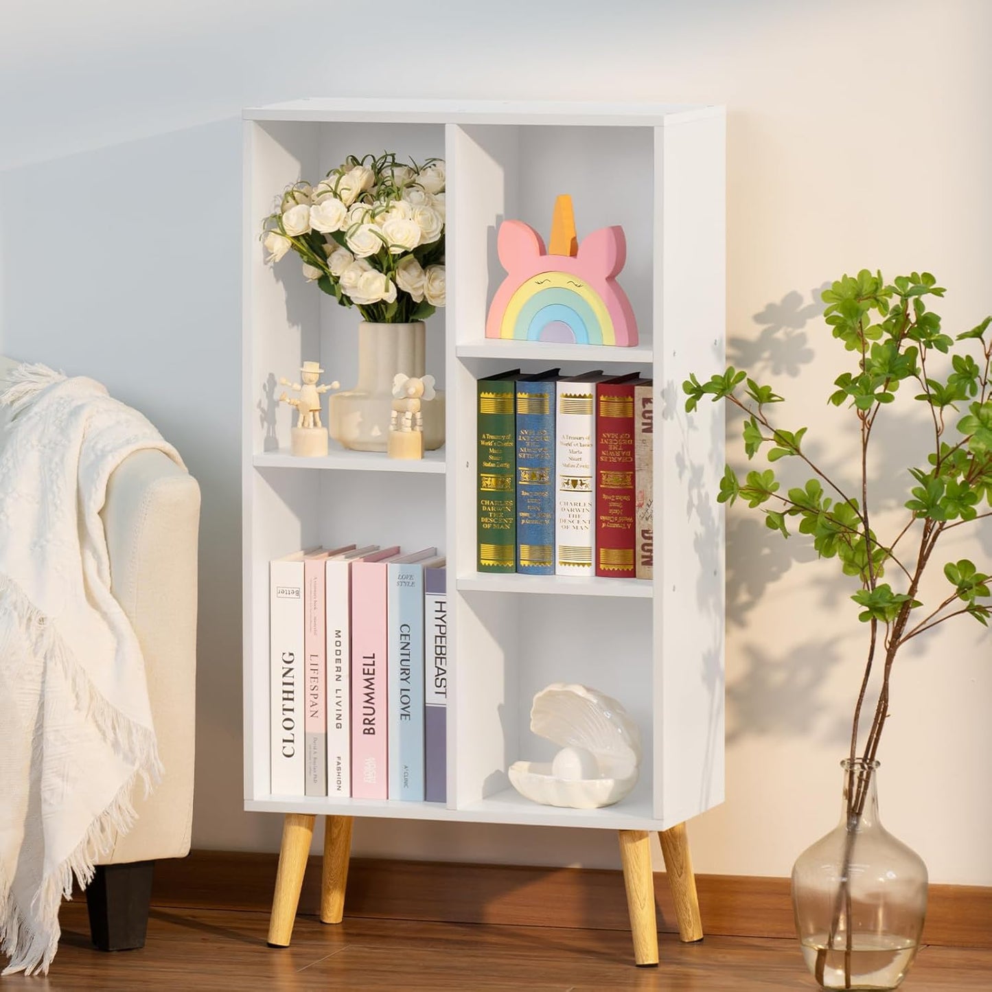 YAHARBO Small White Bookshelf,3 Tier Modern Kids Bookcase with Legs,5 Cube Wooden Bookshelves Storage Shelf,Book Shelves Organizer,Display Bookcases Cabinet for Room Nursery Study