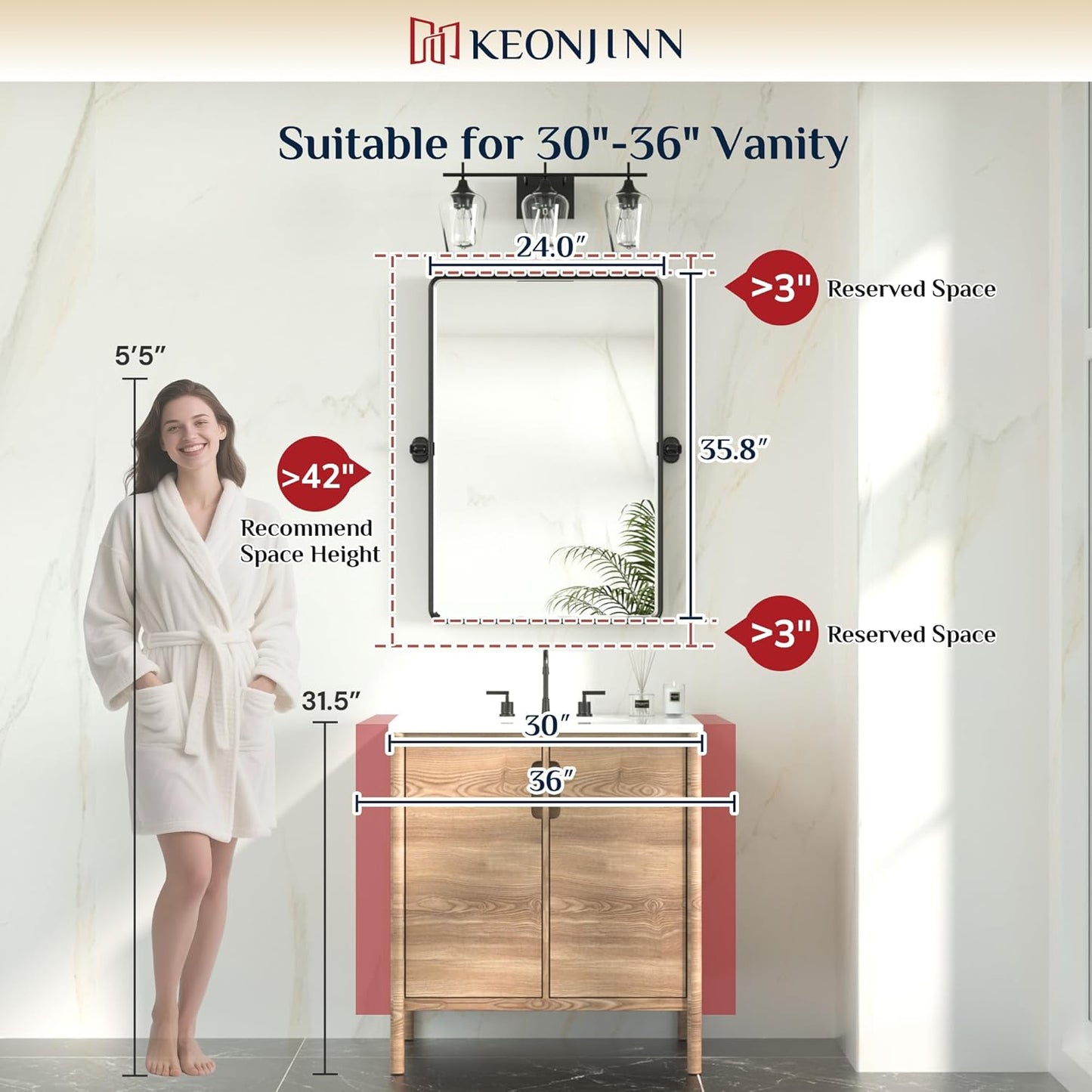 Keonjinn 24 x 36 Inch Pivot Mirror Bathroom, Black Tilt Mirror Bathroom for Wall, Matte Black Beveled Pivot Rectangle Mirrors for Over Sink, Farmhouse Metal Framed Vanity Mirrors, Horizontal/Vertical