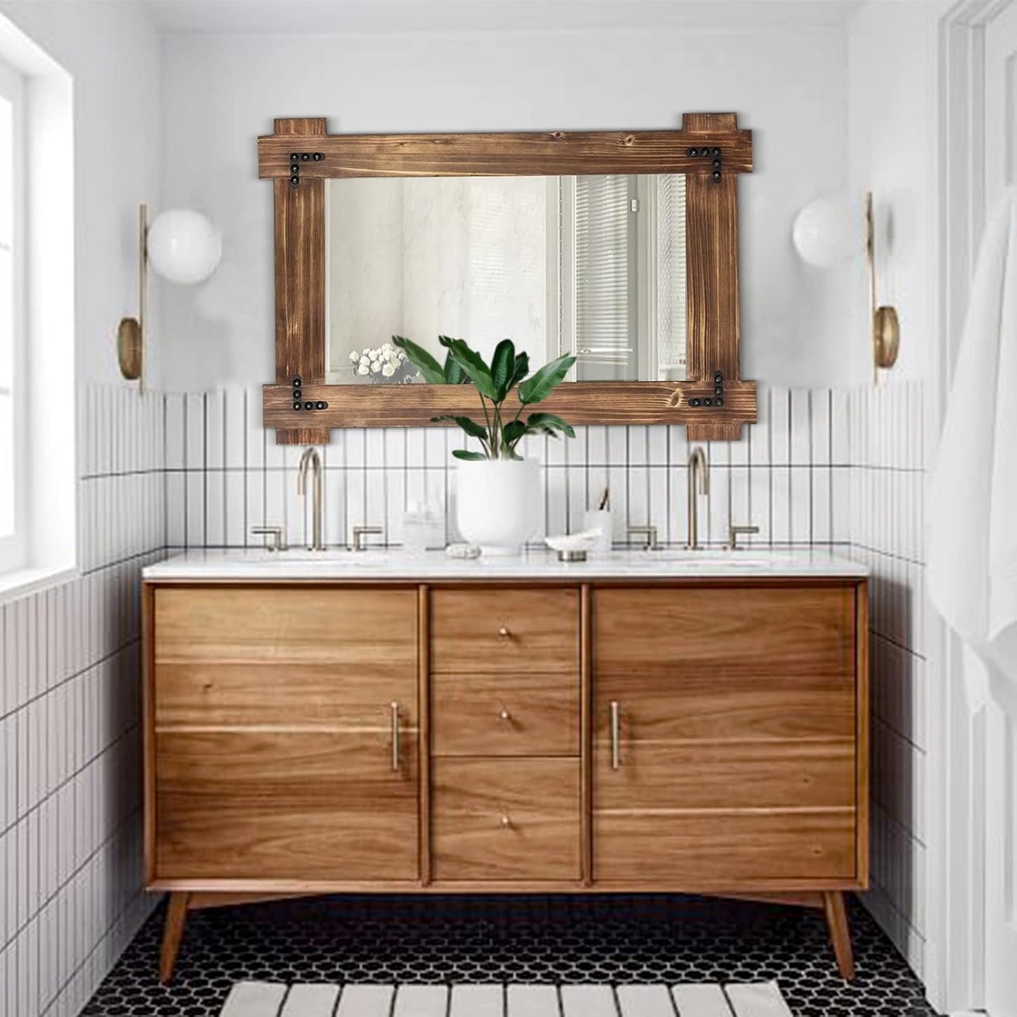 MeMoreCool Rustic Wooden Framed Wall Mirror, Farmhouse Decorative Vanity Mirror, Wall Mounted Rectangular Mirror for Bathroom, Bedroom, or Living Room, 40x28 Inches