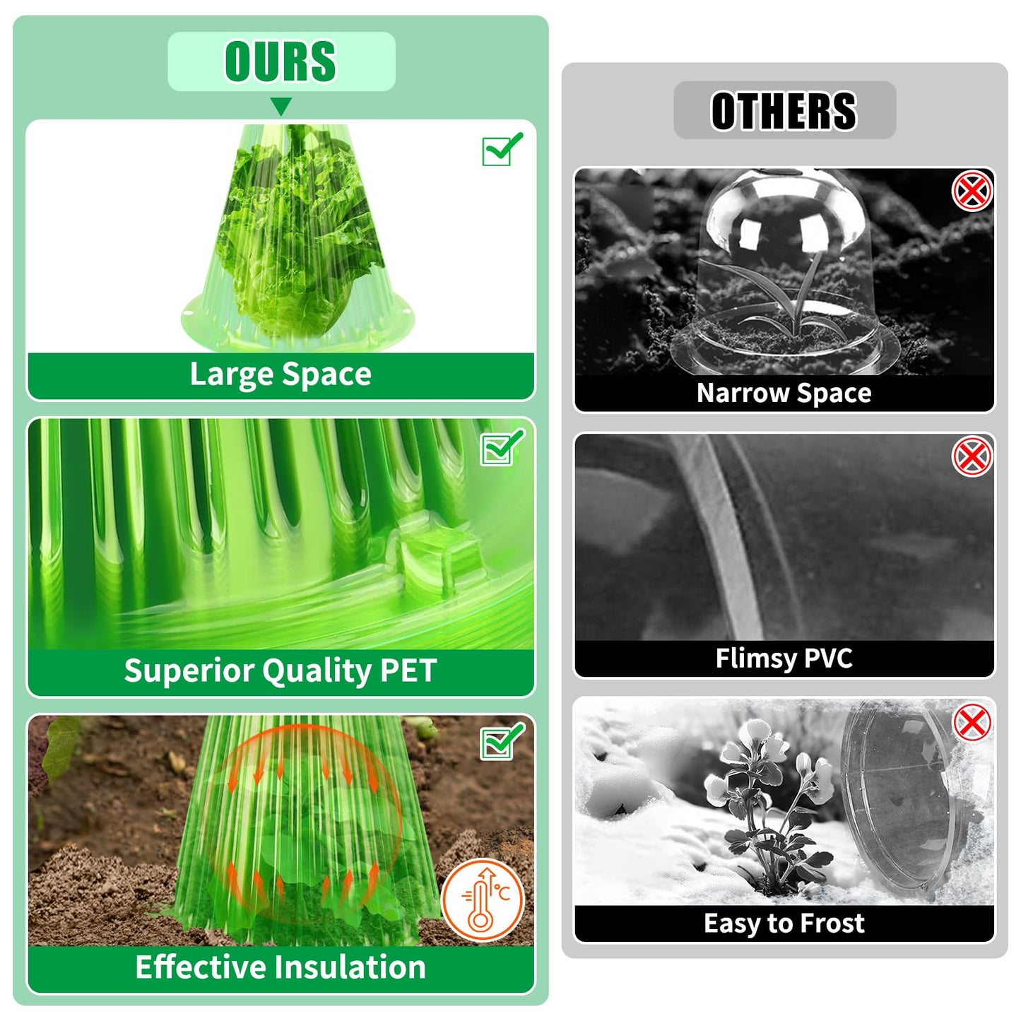 UQM 30 Pack Garden Cloches for Plants, Reusable Bell Plant Protector with Rotary Vent Cover, Garden Protection from Animals Snails Birds Chickens Insect, 9.18" H X 7.56" D (Green)