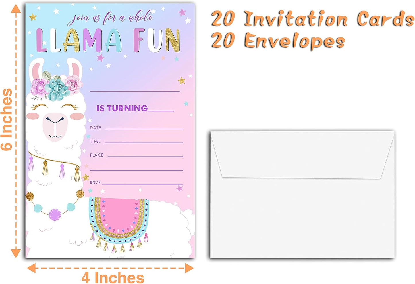 Llama Birthday Party Invitations, 20-Count A Whole Llama Fun Alpaca Birthday Party Invites With Envelopes-HBYQK-B52