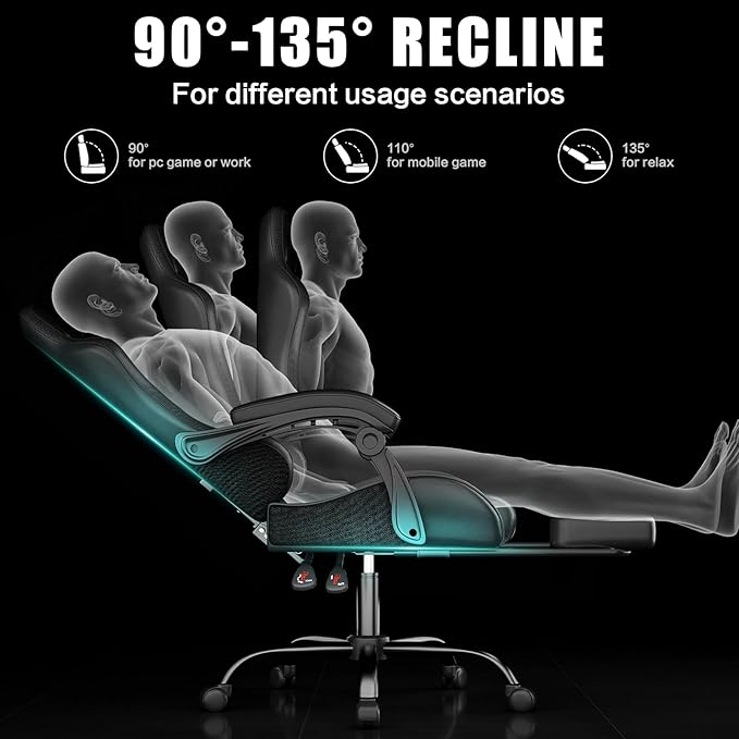 Gaming Chair with Footrest Racing Style Lumbar Support Massager Video Game Chair with Metal Legs, High Back Gamer Chair with Headrest, 360° Swivel Office Computer Desk Chair, Black