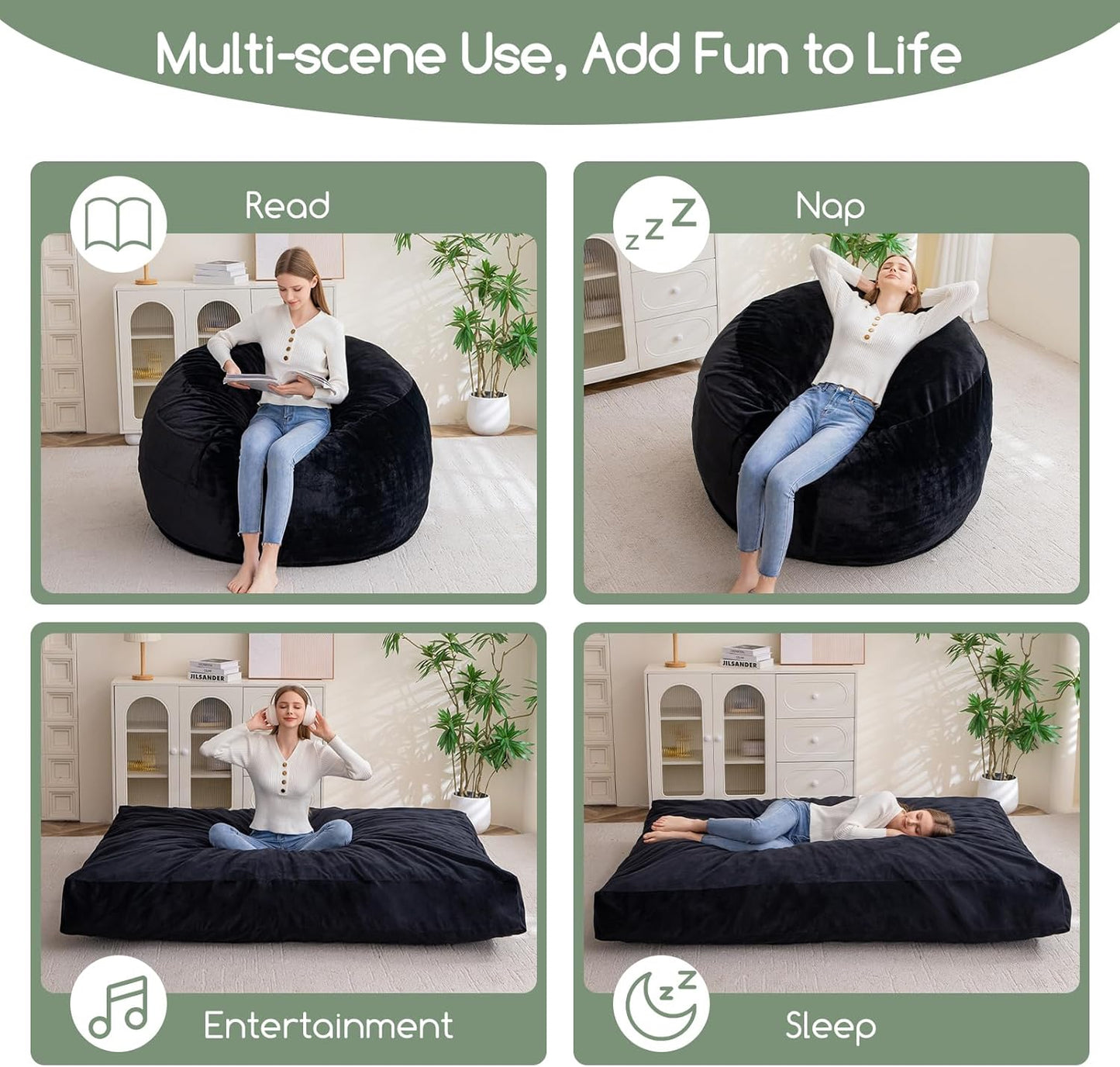 HIGOGOGO Giant Bean Bag Chair Bed for Adults,Convertible Beanbag Folds from Lazy Chair to Floor Mattress Bed,Large Floor Sofa Couch with High-Density Foam Filling, Machine Washable