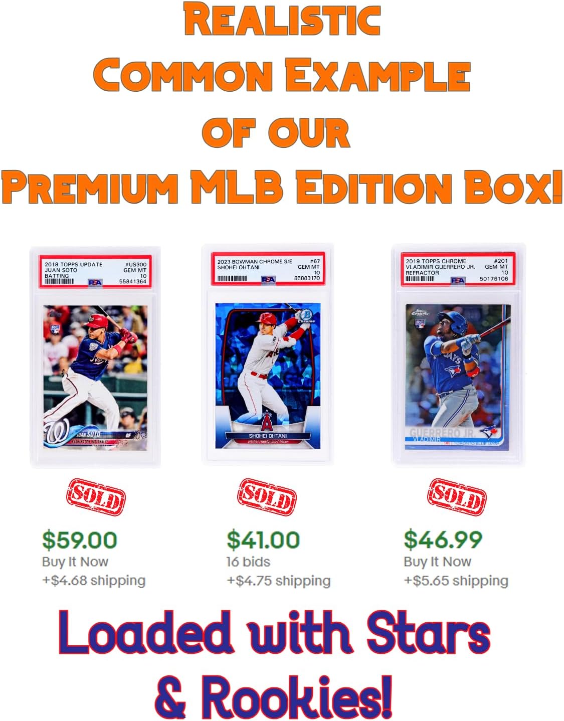 Three Graded Baseball Cards Gift Box: MLB Edition │Three Premium PSA/BGS Graded 10, 9.5 or 9 Cards │Potential Rookie Autographs & Numbered RC Refractors│Gift for Baseball Fans│by Slabs of Heat
