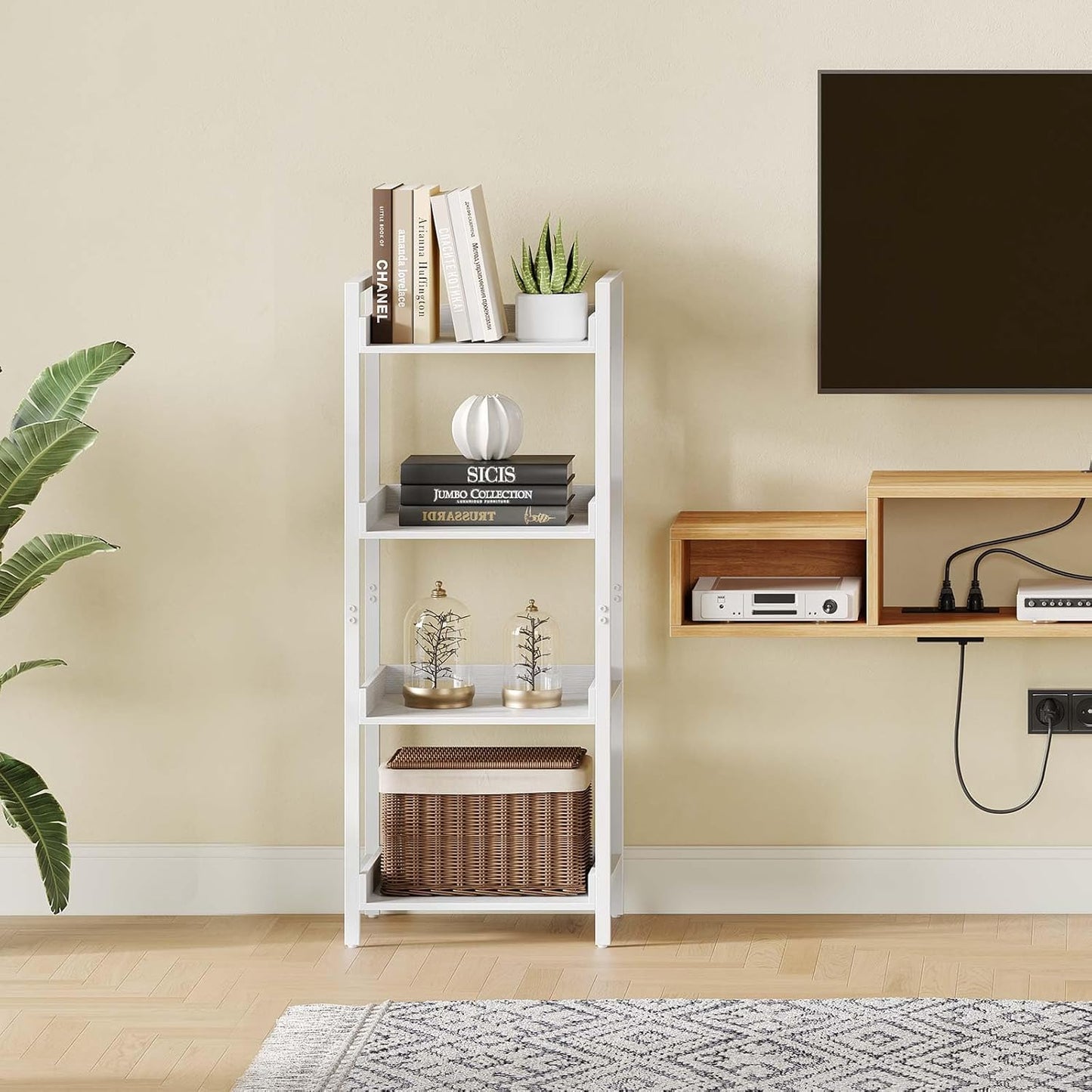Rolanstar Bookshelf, 4-Tier Storage Rack, Narrow Corner Bookshelf, Display Wooden Shelves for Living Room, Bathroom, Balcony, Kitchen,White