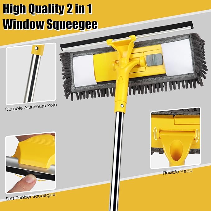 96" Long Handle Window Cleaner Tool Squeegee with Extension Pole, 2 in 1 Large Surface Window Cleaning Kit, Professional Window Washing Kit for High Windows Glass Car Mirror Solar Panel