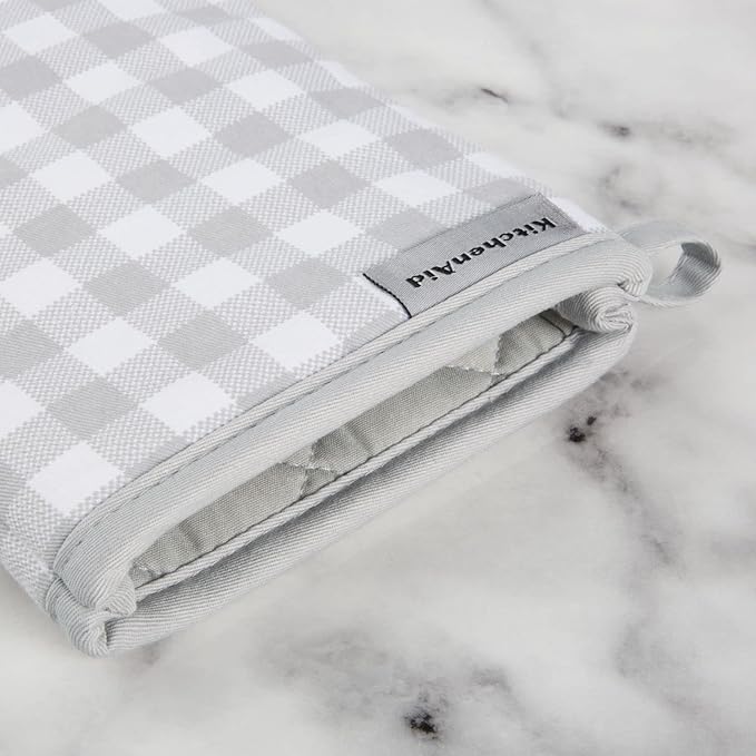 KitchenAid Gingham Oven Mitt 2-Pack Set, Matte Grey, 7"x13"