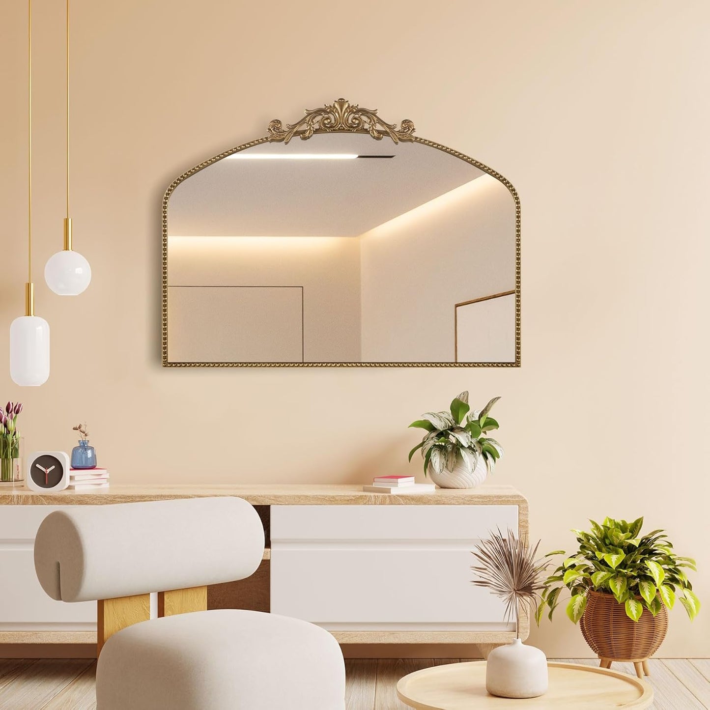 Large Ornate Gold Antique Mirror 40” x 30”, Vintage Wall Mirror with Gold Beaded Arch Frame, Dresser Mirror for Dining Room,Living Room, Sofa Wall, or Hallway Decor