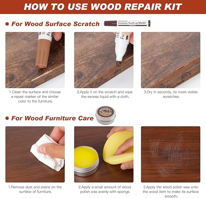 Furniture Repair Kit Touch Up Markers, 18 Colors Wood Repair Markers Set with Polish Wax, Wood Repair Pens for Scratches, Stains, Tables, Faded, Cabinet, Floors, Bedposts