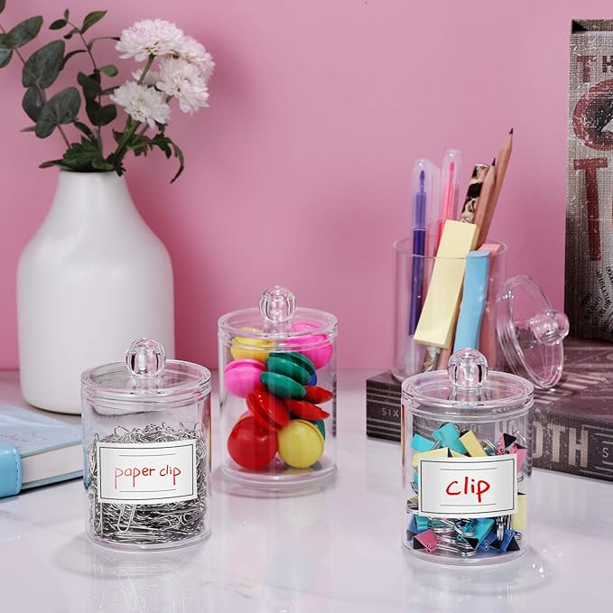2 Pack Acrylic Qtip Holder Dispenser for Cotton Swabs, Balls, Pads, Floss Picks- Small Clear Plastic Canister Apothecary Jar Set, Bathroom Essentials Accessories Decor, Vanity Makeup Storage Organizer