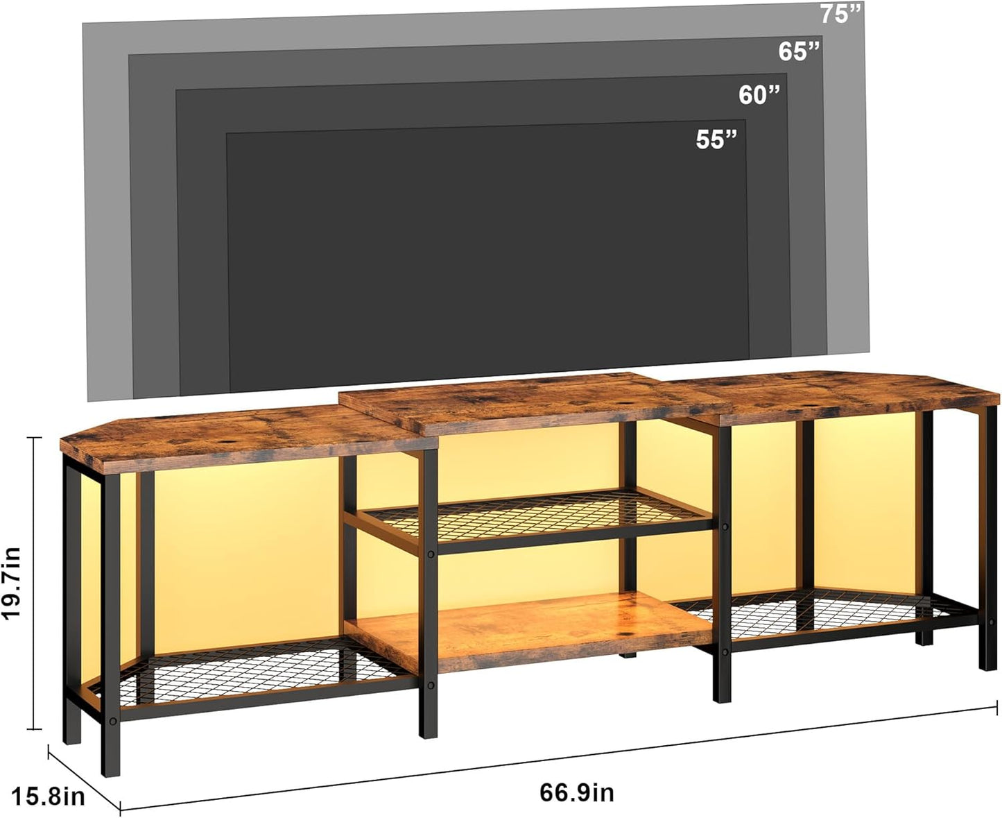GarveeHome 67 Inch Large TV Stand with LED Lights for 55/65/75 Inch TV, Corner Entertainment Center with Power Outlets, 4 Open Storage Shelves, Media Console for Living Room, Bedroom, Vintage Brown