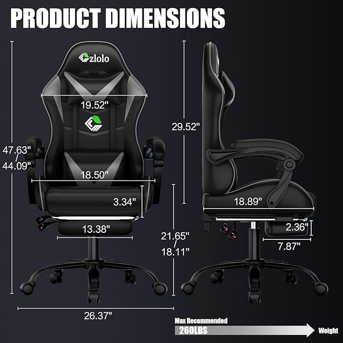 Gaming Chair with Footrest Racing Style Lumbar Support Massager Video Game Chair with Metal Legs, High Back Reclining Gamer Chair with Headrest, 360° Swivel Office Computer Desk Chair (Gray)