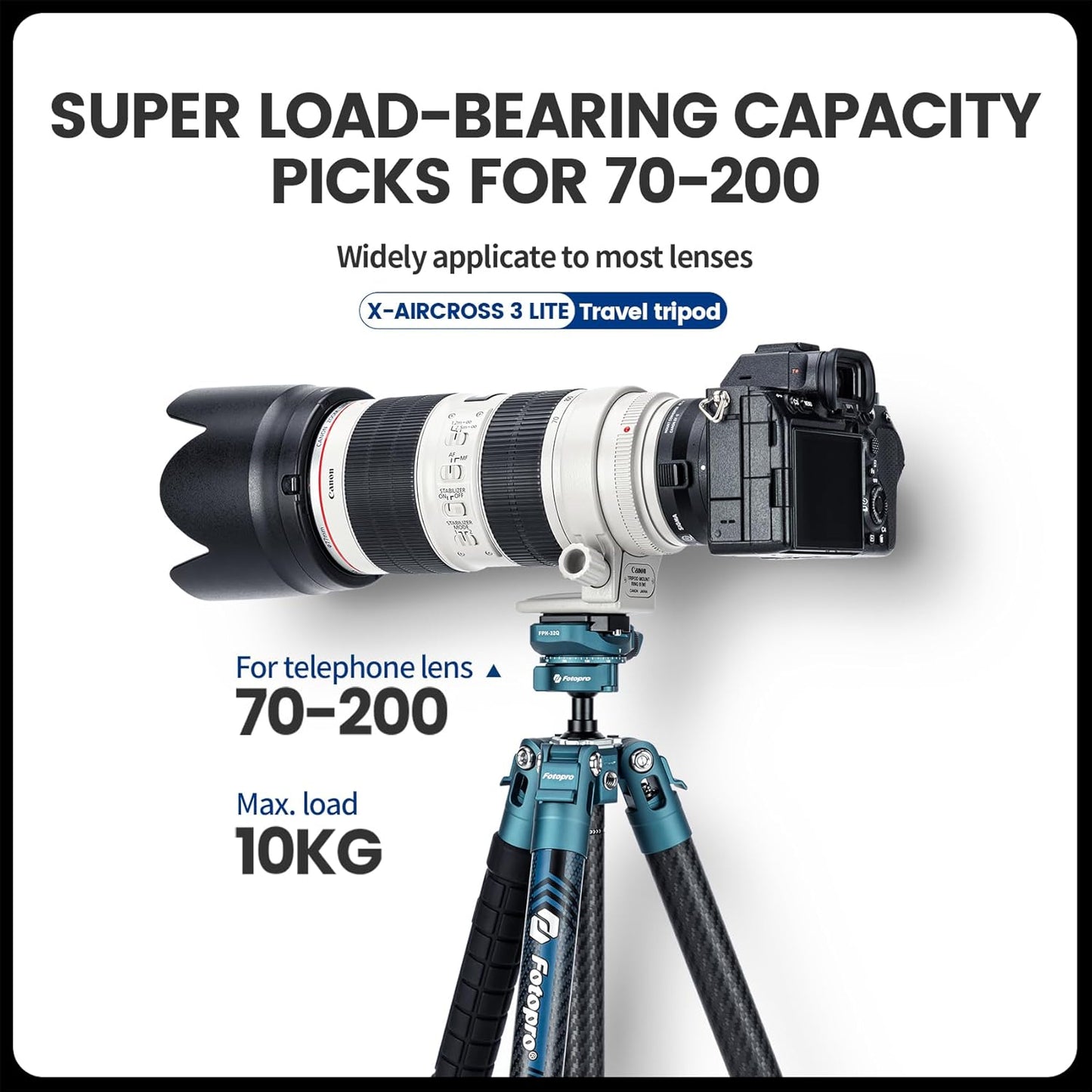 Fotopro Carbon Fiber Tripod 60 Inch 360 Degree Ball Head Quick Release Plate Lightweight Travel Tripod, Max Loads up to 17.6lbs, Blue