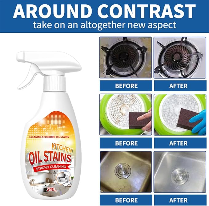 Fiell Heavy Grease Cleaner with Mild Formula Quick Decomposition,240ml Clean Kitchen up Oil Stains Spray,Kitchen Oil Cleaner,Multipurpose Oils Stain Remover Spray for Oven,Gas Stove,Cabinets,Grill (2)