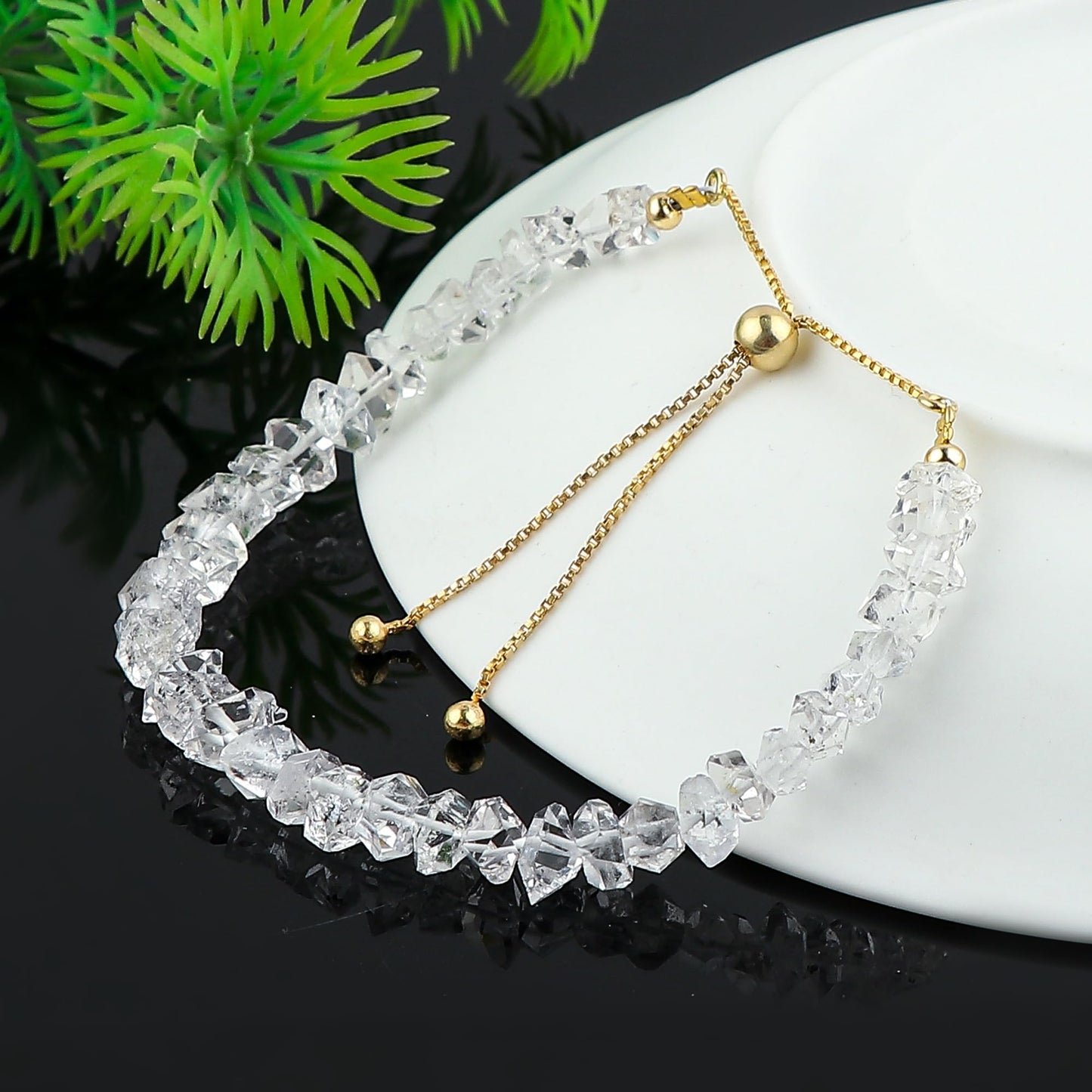 CRYSTALINES Natural Raw Herkimer Diamond Gemstones Bracelet, High Grade Rough Stones, Handmade Jewelry, Chakra Healing Crystals, Gold Plated - Adjustable Chain 8 inch, Gift for Women