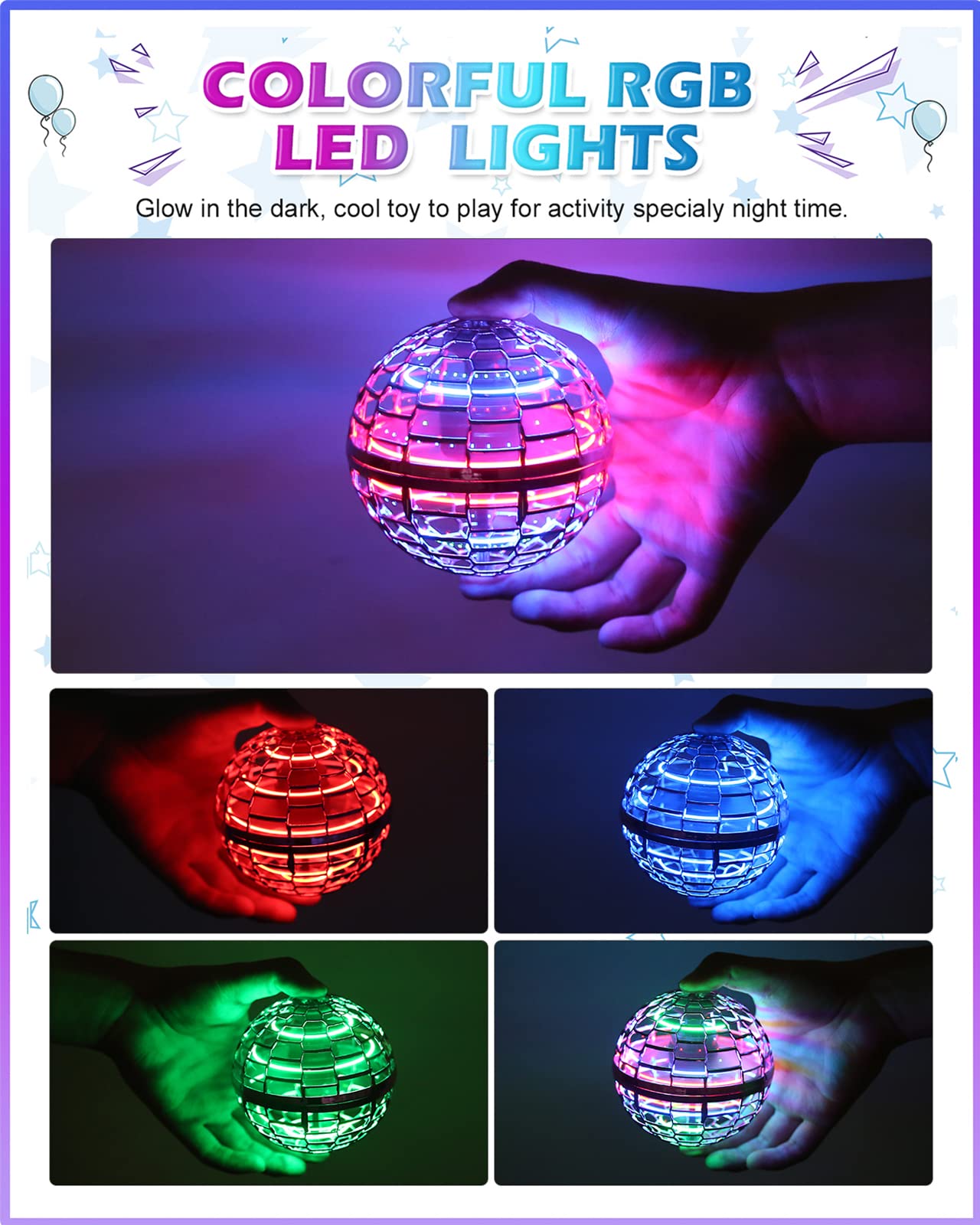 Magic Flying Orb Ball with Lights,UFO Hand Operated Mini Drone for Kids,Galactic Fidget Spinner Boomerang Hover Balls,Indoor Outdoor Toys,Cool Birthday Gifts for 6 7 8 9 10+ Year Old Boy Girl Teens