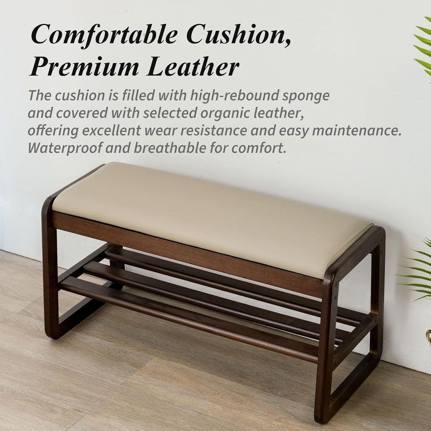 Shoe Bench, Entryway Bench with Leather Cushion, Solid Wood Shoe Rack, Mid Century Modern Bench, Shoe Storage, Shoe Organizer for Entryway (Grey, 39.4" W)