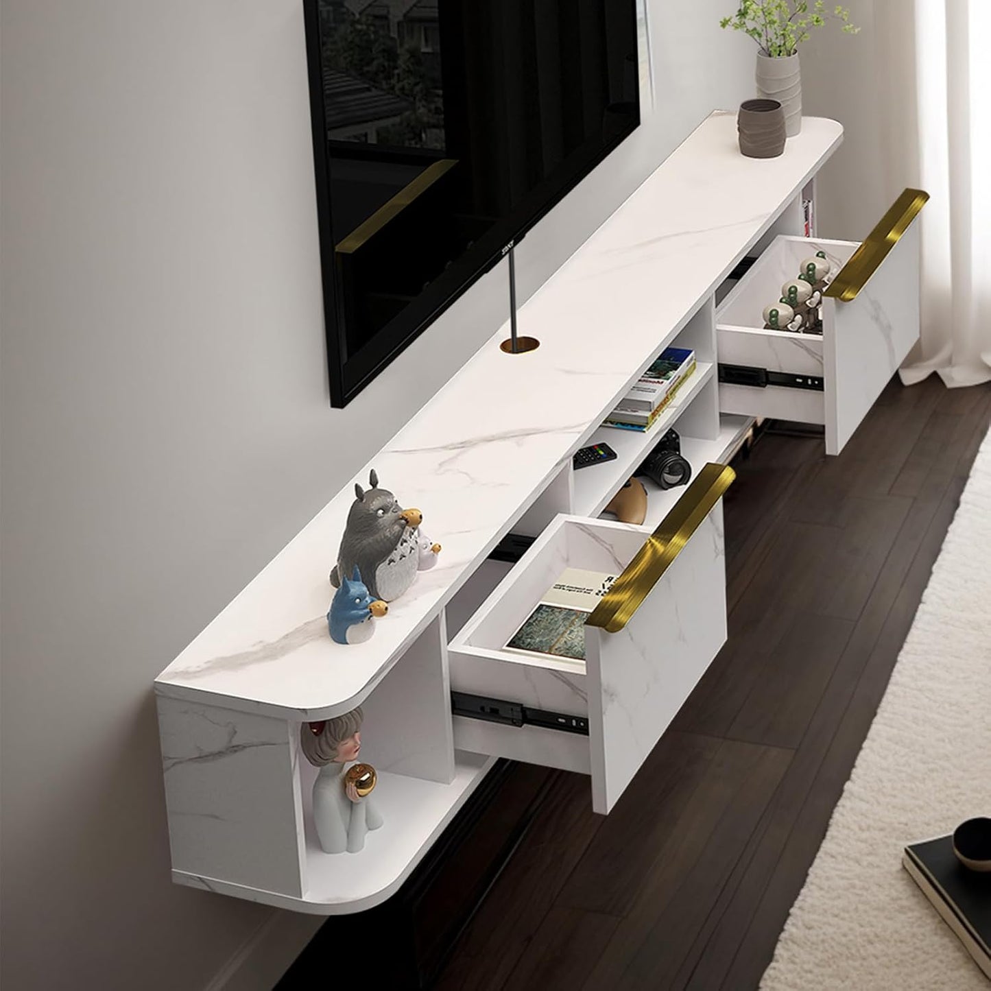 Pmnianhua Floating TV Stand with 2 Drawers,70'' Wall Mounted TV Shelf,Floating Shelf Under TV,Floating TV Console with Cabinets for Bedroom Living Room(White)