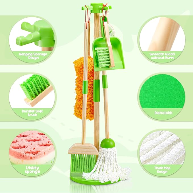 WHOHOLL Wooden Kids Cleaning Set Toddler Broom Set for Housekeeping 8 Pcs Broom and Mop Set for Toddlers 3-5, Baby Cleaning Toys with Dustpan Sponge, Christmas Birthday Gifts for Boys Girls (Green)