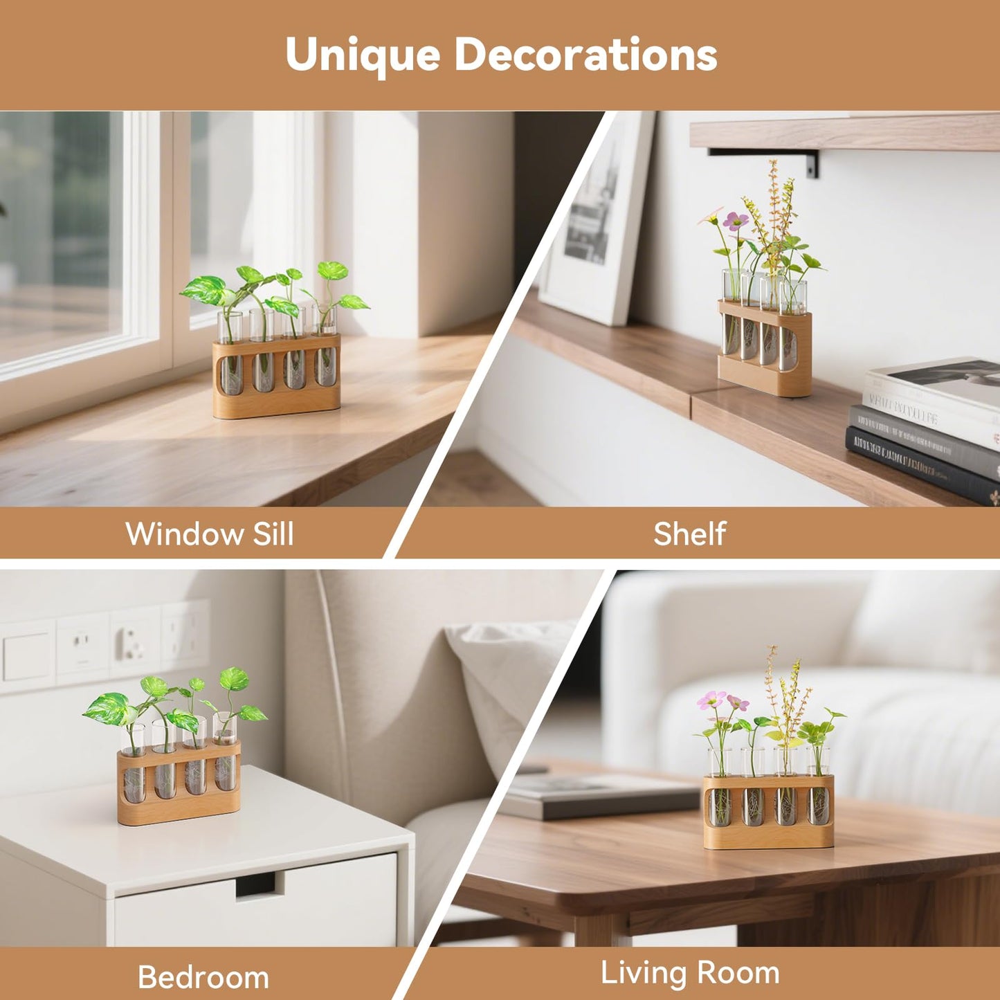 Plant Propagation Station with Wooden Stand, Gardening Gifts for Mom Women Plant Lovers, 9-Level Dimmable LED Light 4 Glass Test Tubes Vases for Hydroponic Plants - Desktop Terrarium for Desk Decor