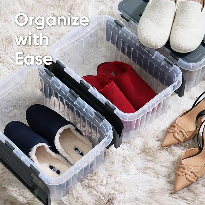 Superio Storage Box with Hinged Lids, Plastic Container Bins for Organizing with Attached Lid, Stackable Crates, BPA Free, Organizers for Home and Dorm, 10.5 Quart (Clear with Grey Lids, 15"x10"x7")