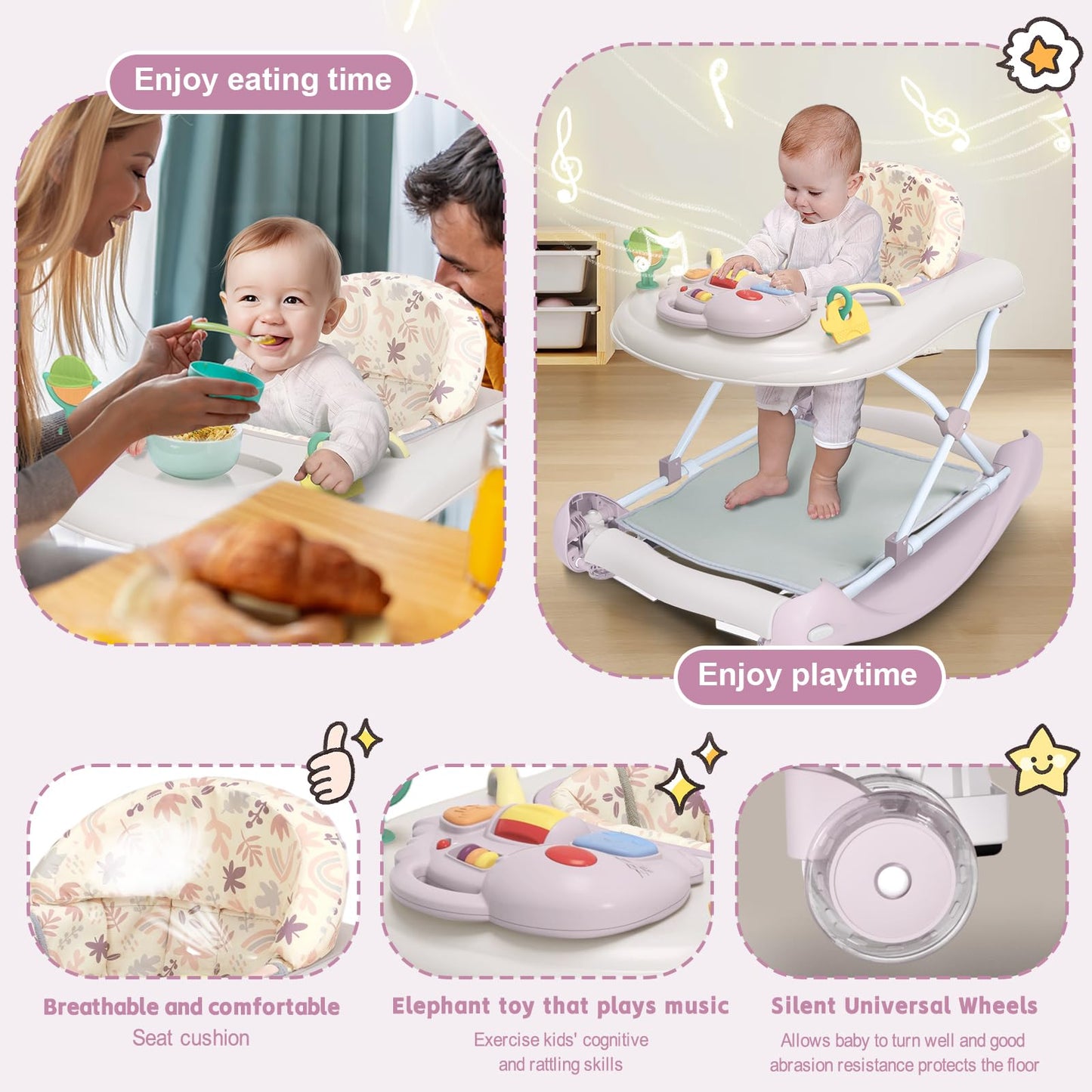 5 in 1 Foldable Baby Walker,Activity Baby Walker-Baby Bouncer,Rocker,Activity Center,Seat and Push Walker,Detachable Footrest Mat,Adjustable Speed Rear Wheels and Height,Ages 6-18 Months (Purple)