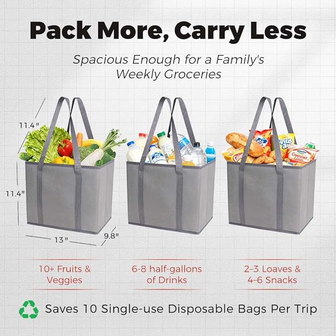 DOUKE Reusable Grocery Tote Bags, 3-Pack Heavy Duty Reusable Shopping Bags with Long Handles, Large Box Shape Tote Bags to Stand Up, Stay Open, Fold Flat (Gray)