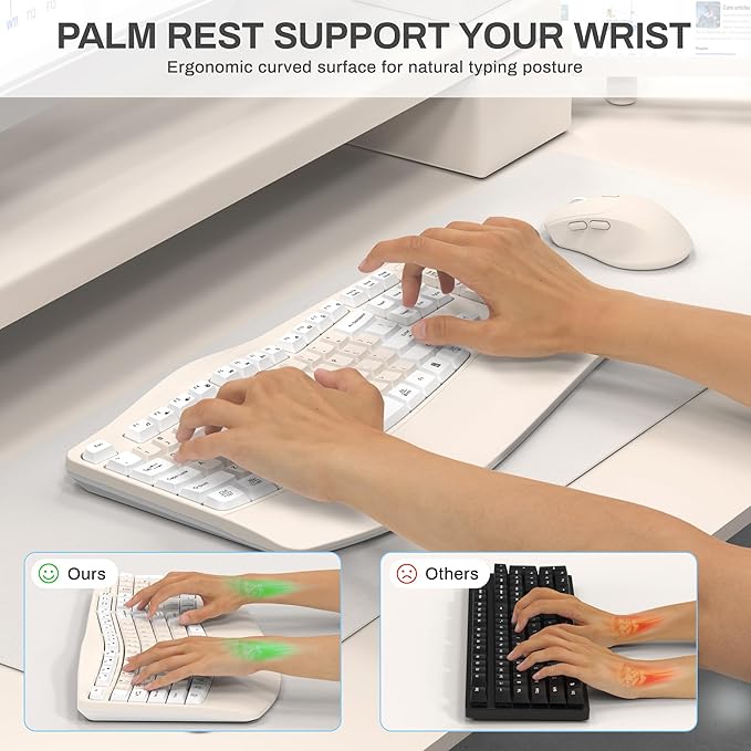 Ergonomic Wireless Keyboard and Mouse Combo, Wave Keys Keyboard with Wrist Rest for Natural Typing, 3 DPI Adjustable Ergonomic Silent Mouse for Computer/Laptop/Windows/Mac (Latte Color-A)