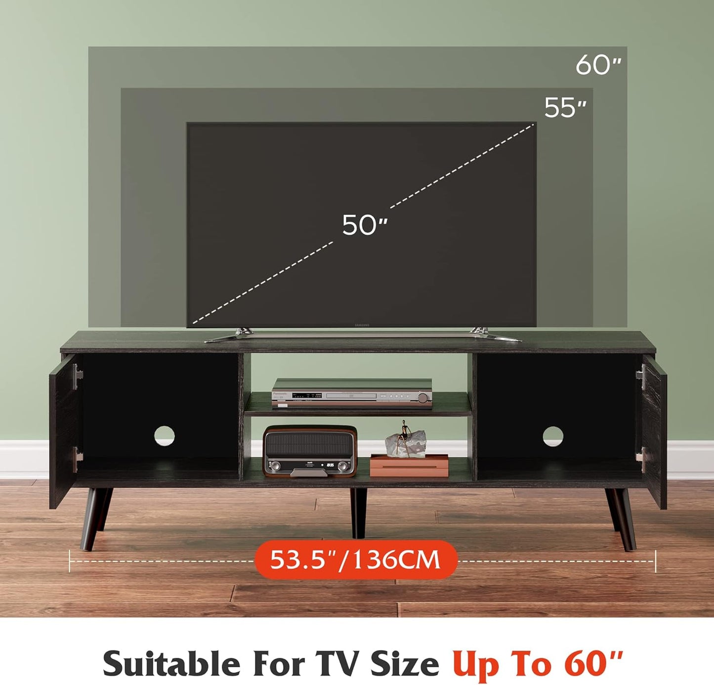 WLIVE TV Stand for 55 60 inch TV, Modern Entertainment Center with Storage Cabinets, Mid Century TV Console Table for Bedroom, TV Stand for Living Room, Charcoal Black