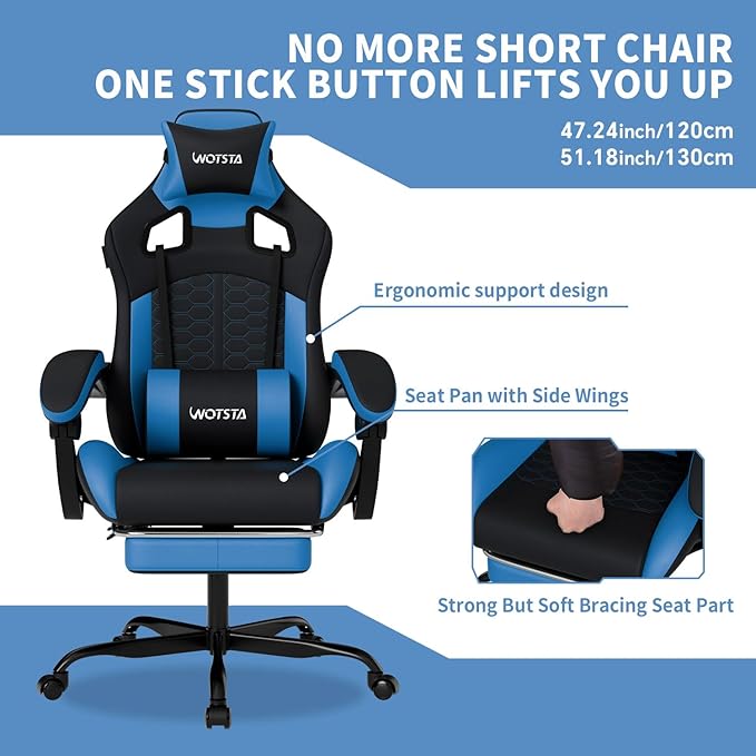 Gaming Chair with Footrest, Gaming Chairs PVC Leather Ergonomic Office Gamer Chair Headrest Lumbar Support Racing Style Video Gaming Chair for Office (Black Blue)