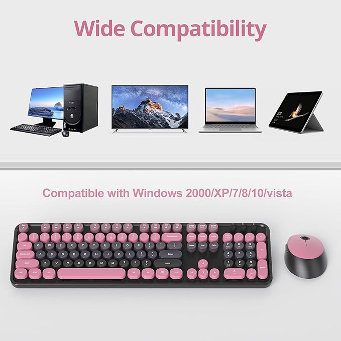 Owpkeenthy Keyboard and Mouse Wireless, Cute Retro Full-Size Cordless Keyboard with Number Pad 2.4 GHz Wireless USB Receiver for Computer (Heimei Pink)