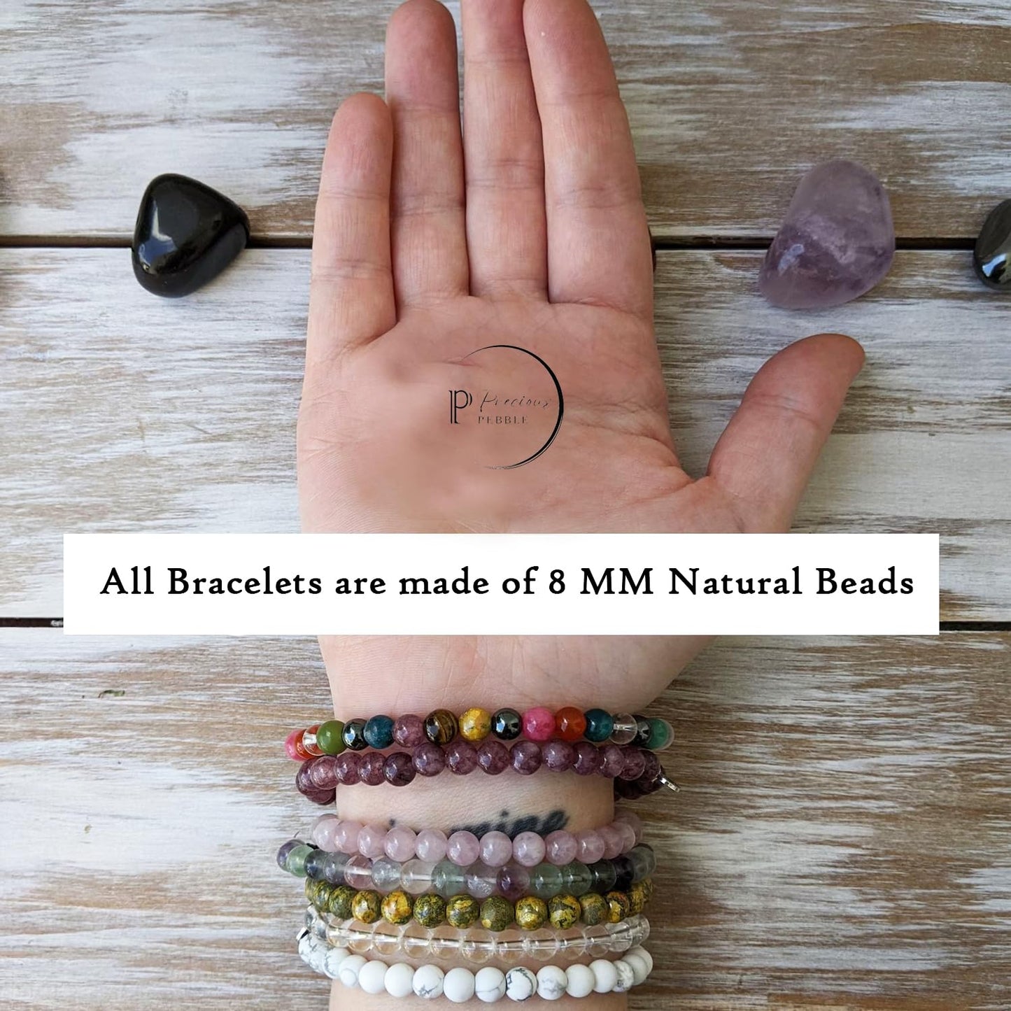 PRECIOUS PEBBLE Amethyst, Fluorite, Hematite Bracelet for Men & Women – Natural 8mm Beads for Calm, Focus & Inner Balance – Adjustable Stretch Fit Crystal Bracelets for Daily Wear & Meaningful Gift
