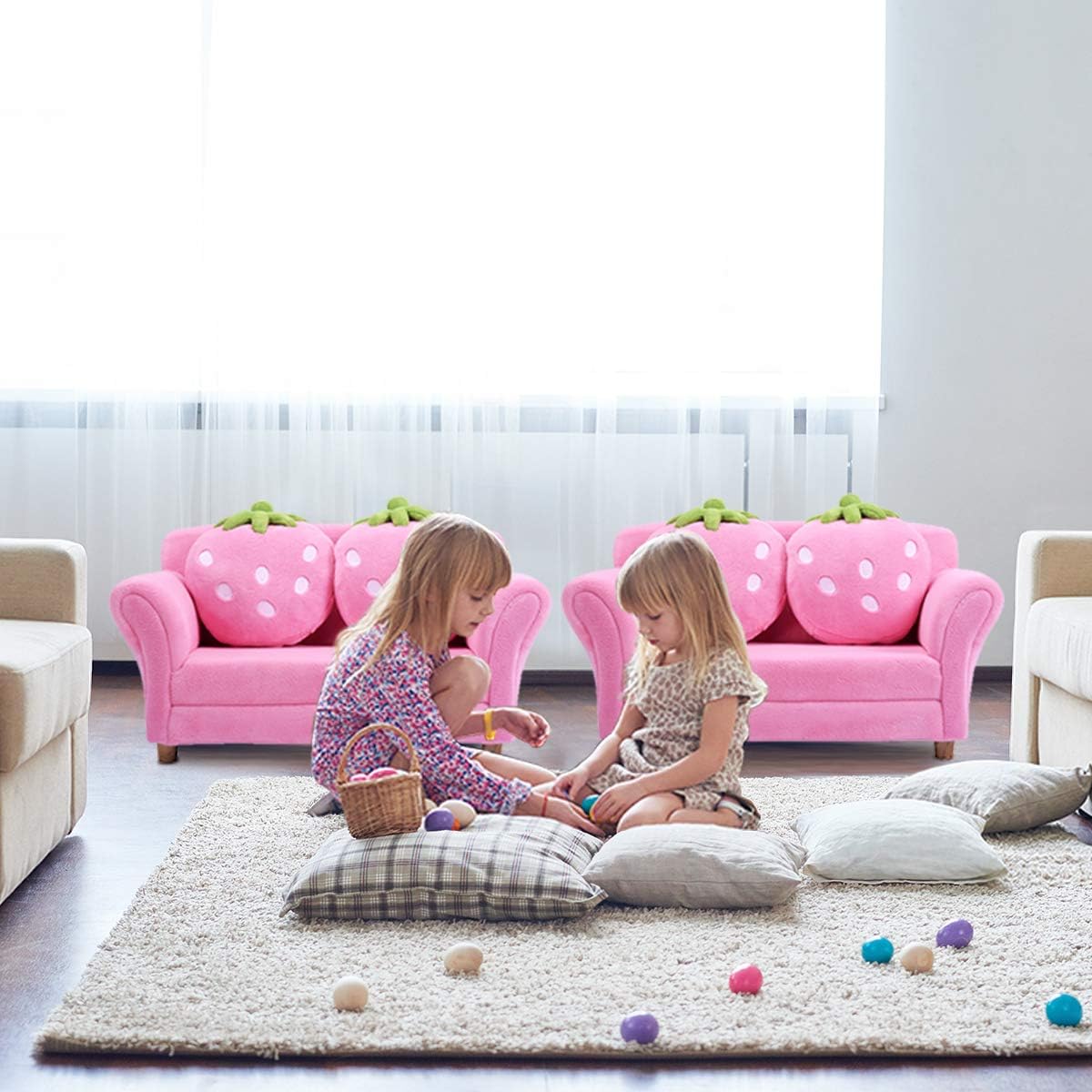 Costzon Kids Couch, Double Seat Pink Children's Sofa with 2 Strawberry Pillows, Toddler Armrest Chair for Bedroom, Living Room, Large Soft for Kids Loveseat Toy for Baby Girls Preschool Gifts Presents