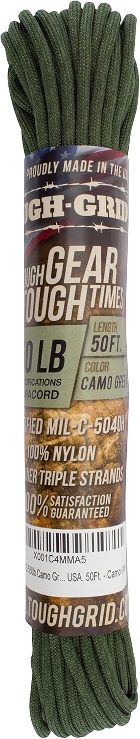 TOUGH-GRID 550 Paracord Rope Nylon Parachute Cord, Made in USA Survival Kit, Outdoor Adventures, Camping, Tactical Gear & Emergency Supplies, Military Type III Mil-Spec