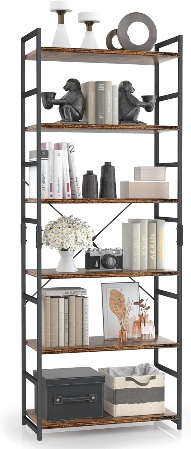 OTK 6 Tier Adjustable Bookshelf, Tall Bookcase, Office Shelf Storage Organizer, Modern Book Shelf for Living Room, Bedroom, and Home Office, Vintage