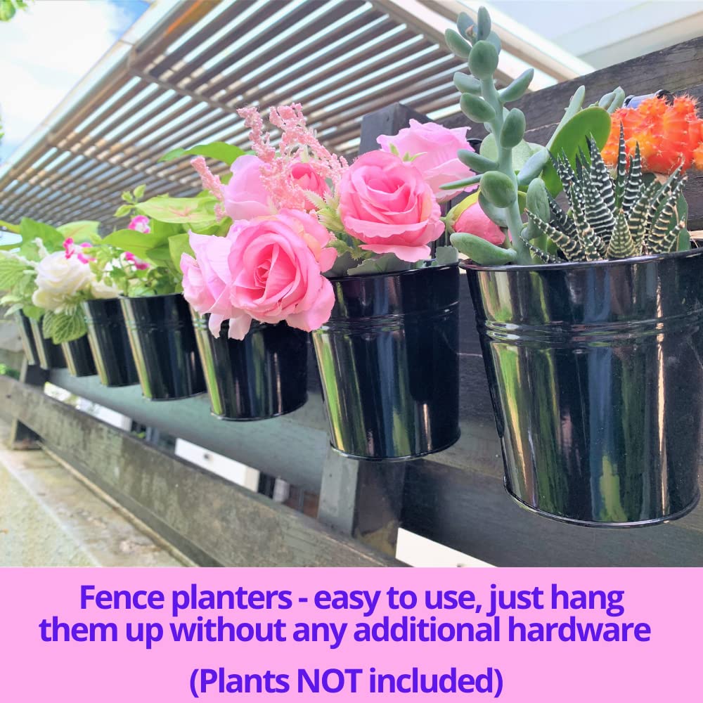 LaLaGreen Bundle - 10 Pack, 6 Inch Black + 4 Pack, 11.2 Inch Black Metal Pots,Large Iron Fence Bucket Plant Flower Herb Planter Box Balcony Rail Window Patio Porch Hook Decor Outdoor Farmhouse Design