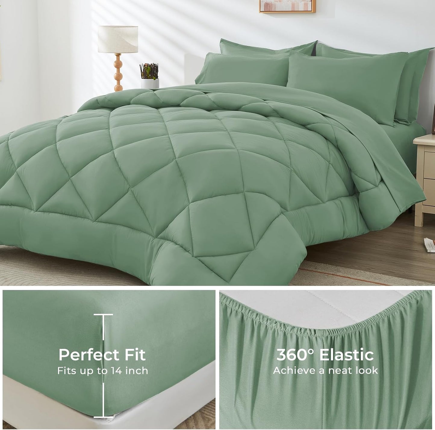 HEVUMYI Light Green Cali-King Comforter Set - 7-Piece All Season Bed in a Bag Cali-King, Ultra Soft Bedding Set with Comforter, Flat Sheet, Fitted Sheet, Pillowcases, Pillow Shams