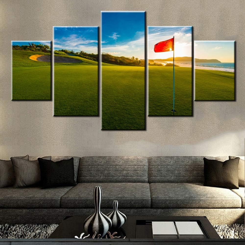 Living Room Decorations for Wall Golf Course Pictures Red Flags Paintings Landscape Artwork 5 Piece Green Canvas Wall Art House Modern Decor Framed Giclee Ready to Hang Posters and Prints(60''Wx32''H)