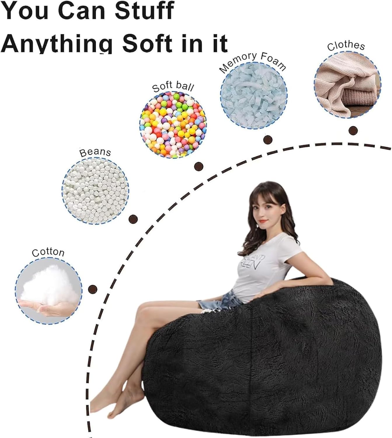 BCU 7FT Big Bean Bag for Adults Kids Without Filling Oversized Bean Bag Chair Cover for Stuffed Animal Storage, Multicolored