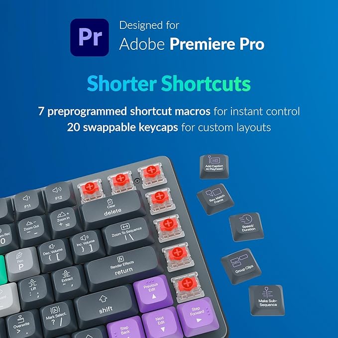 JCPAL Adobe Premiere Pro Keyboard • Dash Wireless Shortcut Keyboard for Mac and PC • Shortcut Hotkeys, Color-Coded Key Guide, Fully Customizable, Compact Low-Profile Design